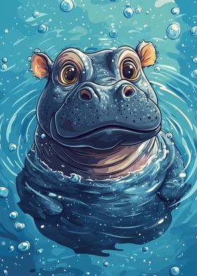 Cute Hippo Swimming in Water