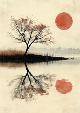 Silhouette Tree and Red Sun