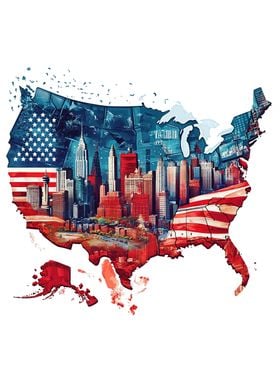 USA Map with Cityscape