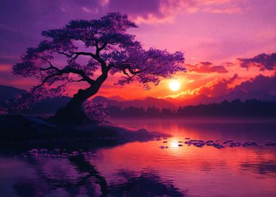 Sunset Lake with Tree