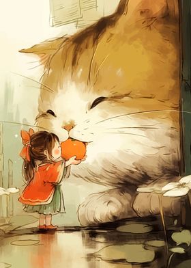 Girl Feeding Giant Cat