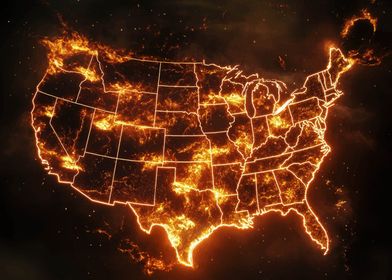 United States Map in Flames