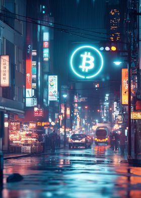 Bitcoin Neon Sign Cityscape