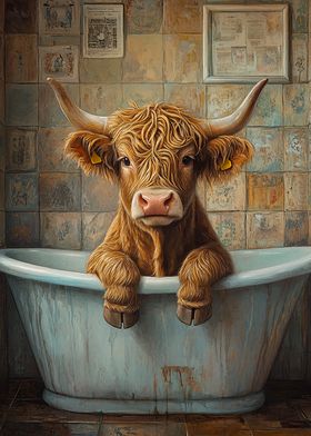 Highland Cow in Bathtub