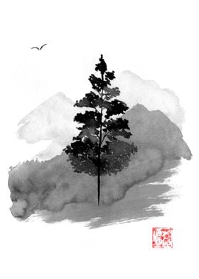 Ink Wash Tree and Mountains