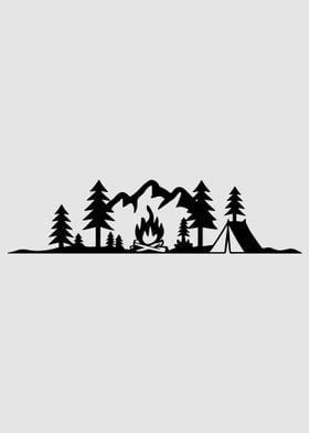 Camping Silhouette - minimalist graphic of mountains, pine trees, campfire and camp tent