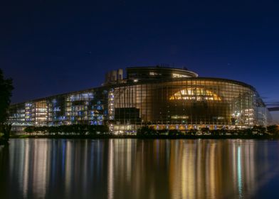 Modern Building Night Reflection - European Parliament - Strasbourg, Alsace, France