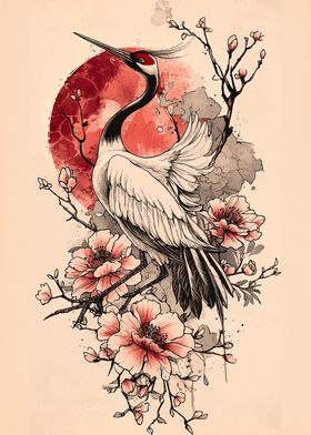 Japanese Crane with Flowers