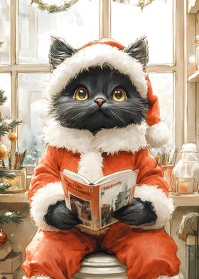 Cat in Santa Suit Reading