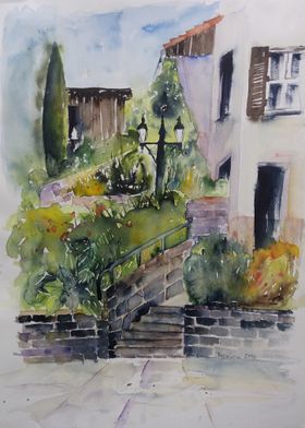 Watercolor Stone Steps to a House