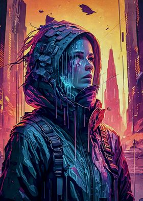 Cyberpunk Woman in Cityscape