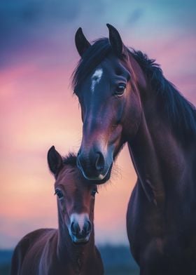 Horse and Foal at Sunset