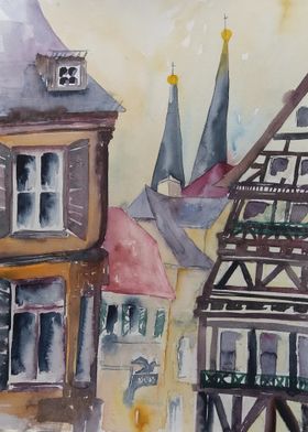 Watercolor German Cityscape