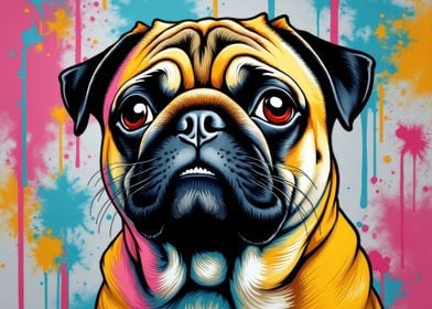 Pug Portrait Colour Burst with Paint Drips