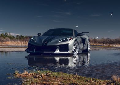 Silver Corvette in a Puddle