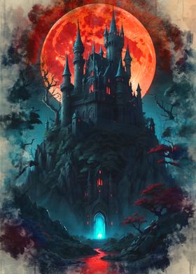 Gothic Castle Under Blood Moon