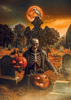 Skeleton with pumpkins on halloween