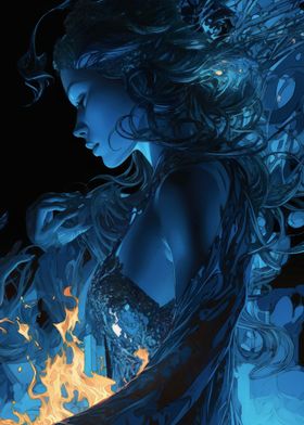 Blue-Haired Woman with Fire