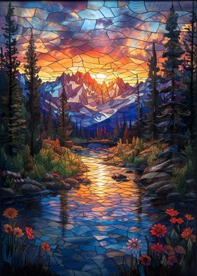 Stained Glass Mountain Sunset