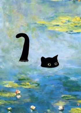 Black Cat in Water Lilies