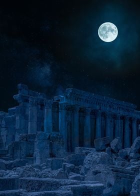 Ancient Ruins Under Moonlight