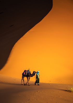 Man with camel in the desert, Morocco