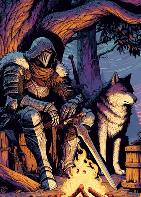 Dark Fantasy Knight and Wolf by Fire