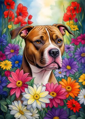 Pitbull in Flower Garden