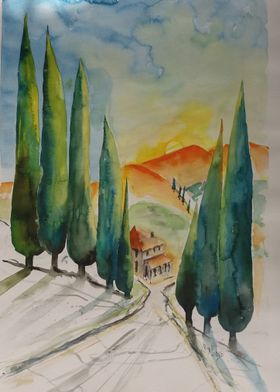 Tuscan Sunset Watercolor