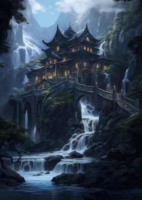 Japanese Temple Waterfall