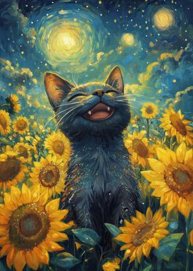 Happy Black Cat in Sunflower Field