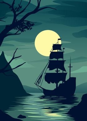 Silhouette Ship at Sea