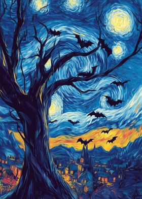 Starry Night with Bats Halloween Transylvania