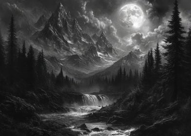 Moonlit Mountain Waterfall