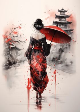 Geisha with Red Umbrella