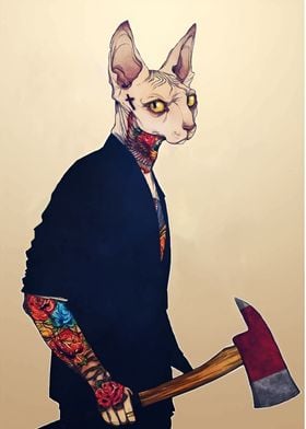 Tattooed Sphynx Cat with Axe