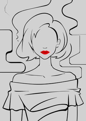 Line Art Woman with Red Lips