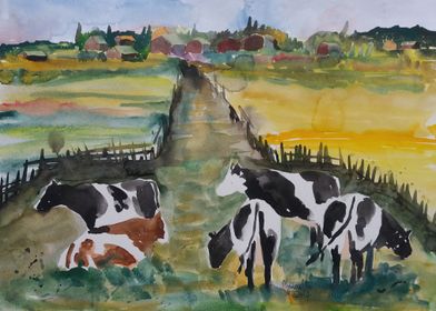 Watercolor Cowscape