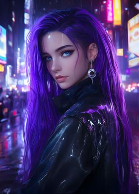 Cyberpunk Woman with Purple Hair