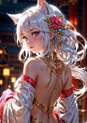 Enchanting White-Haired Kitsune Princess in Traditional Garb