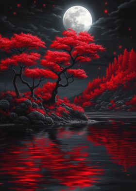 Red Trees Under Full Moon