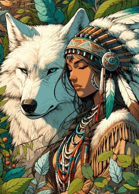 Native American Woman and Wolf