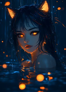 Anime Girl with Cat Ears in Rain