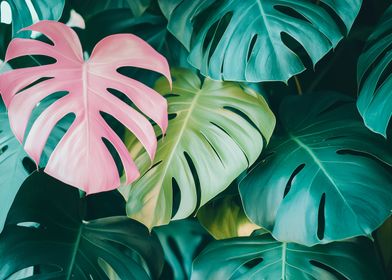 Pink and Green Monstera Leaves