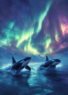 Orcas Under Aurora Borealis