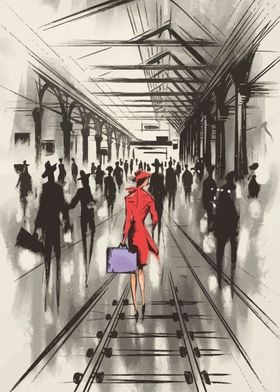 Woman in Red at Train Station