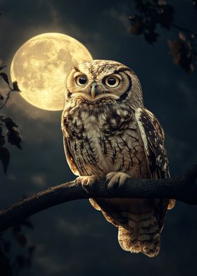 Owl Under Full Moon