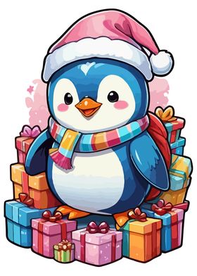 Christmas Penguin with Gifts