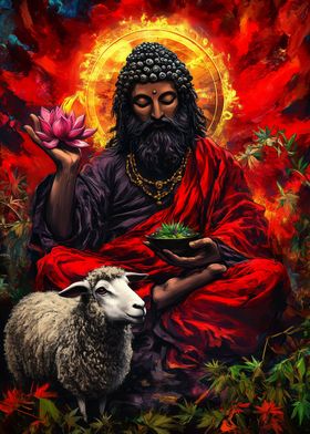 Spiritual Figure with Lotus and Sheep