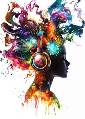 Woman with Headphones and Colorful Splashes